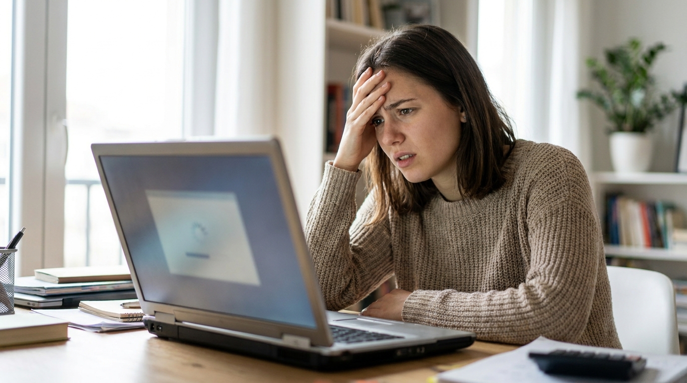 Frustrated person sitting at a desk staring at a slow, frozen laptop
