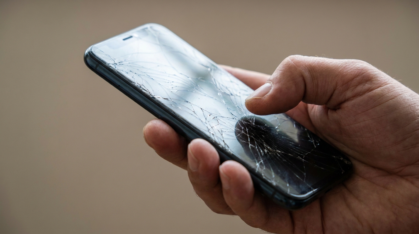 Close-up of a hand holding a smartphone with a badly cracked screen