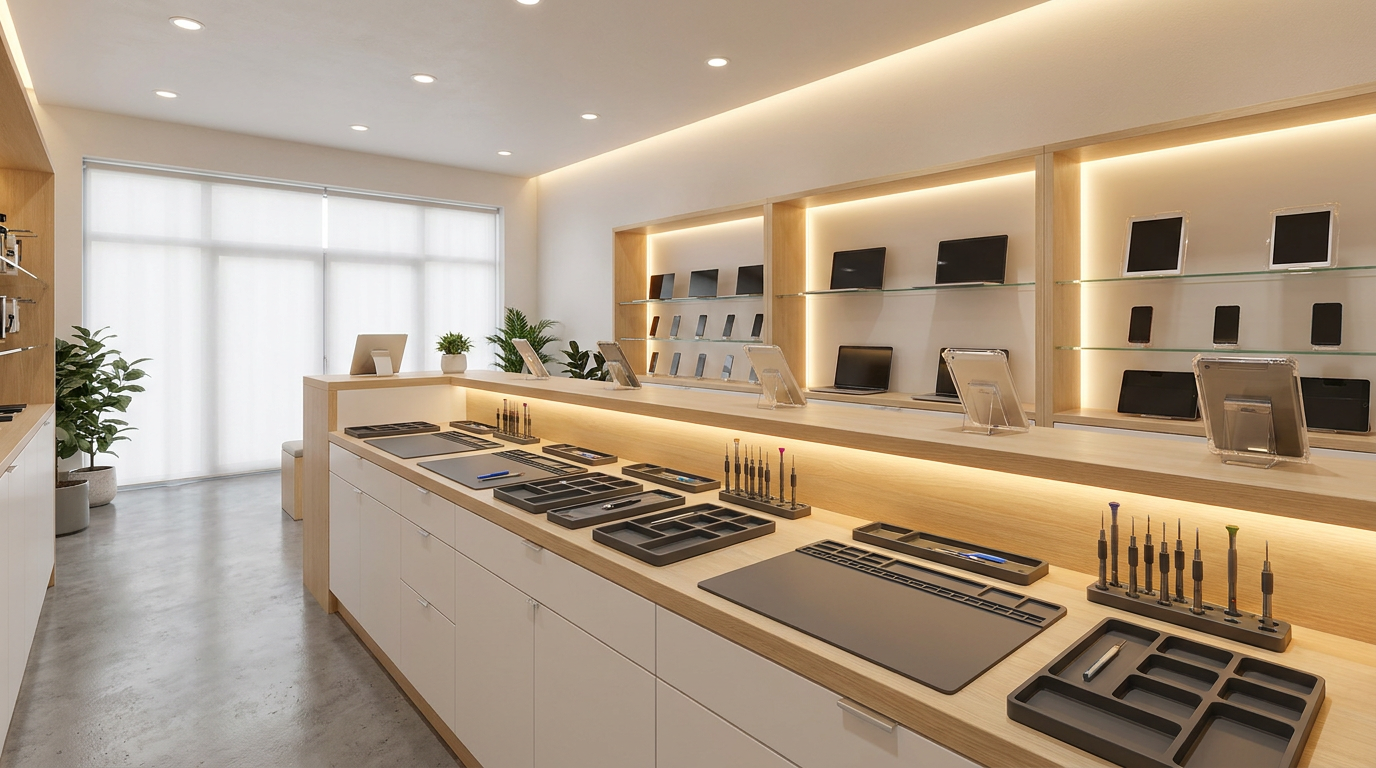 Clean modern electronics repair shop interior with a service counter