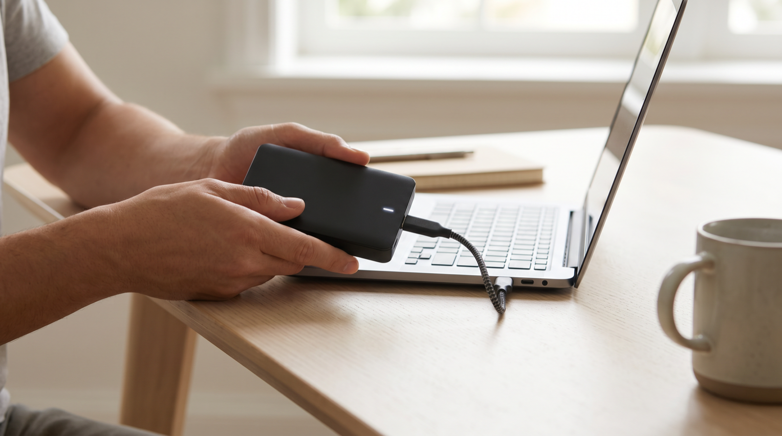 Hands connecting an external hard drive to a laptop to back up data
