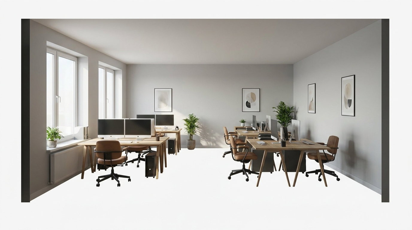 Small-business office interior with several desktop computers