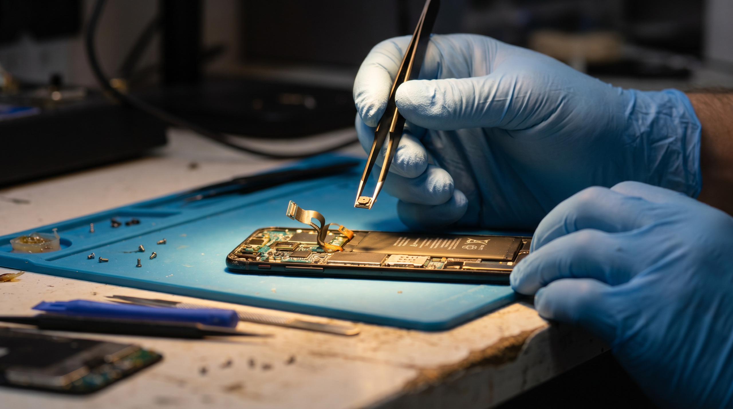 Technician repairing a smartphone at a bench in Morrow, GA